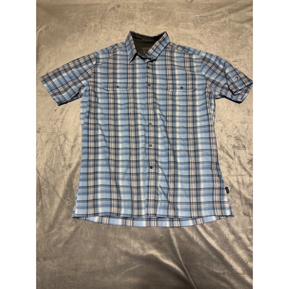Kuhl Men Size L Eluxur Blue Plaid Short Sleeve Button Front Shirt